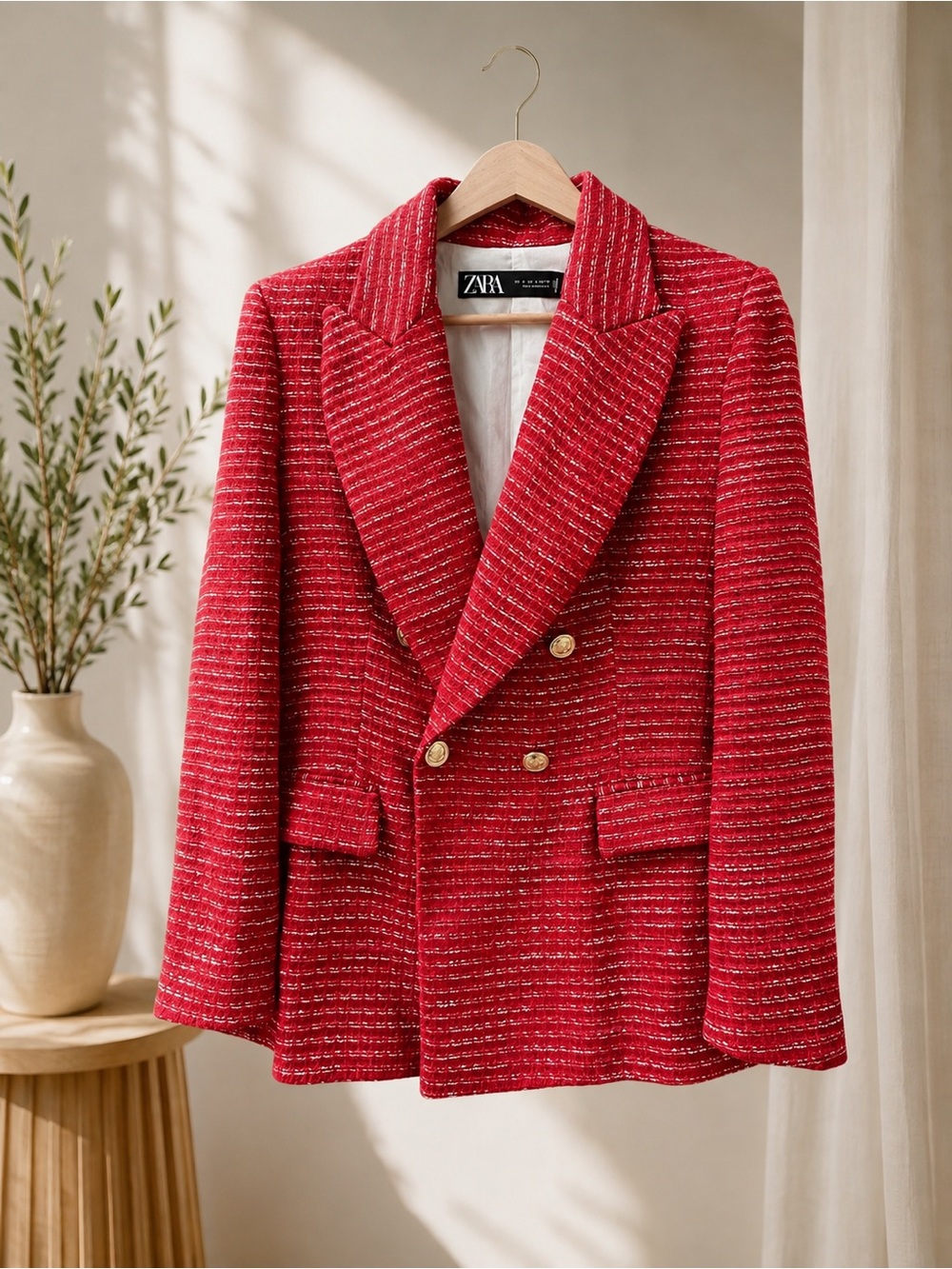 Zara Red Tweed Double-Breasted Blazer with Gold Buttons